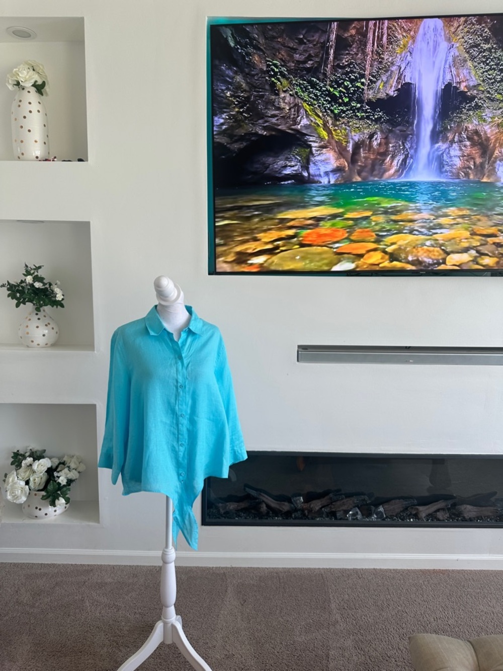 Chico's Bright Turquoise Button-Front Linen Blouse 100% linen